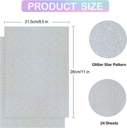 24 Sheets Holographic Sticker Paper Transparent Holographic Laminate Sheets Self Adhesive Glitter Film Laminating Sheets Clear Waterproof Vinyl Overlay for DIY Crafts, 8.5 x 11 inch Star Pattern