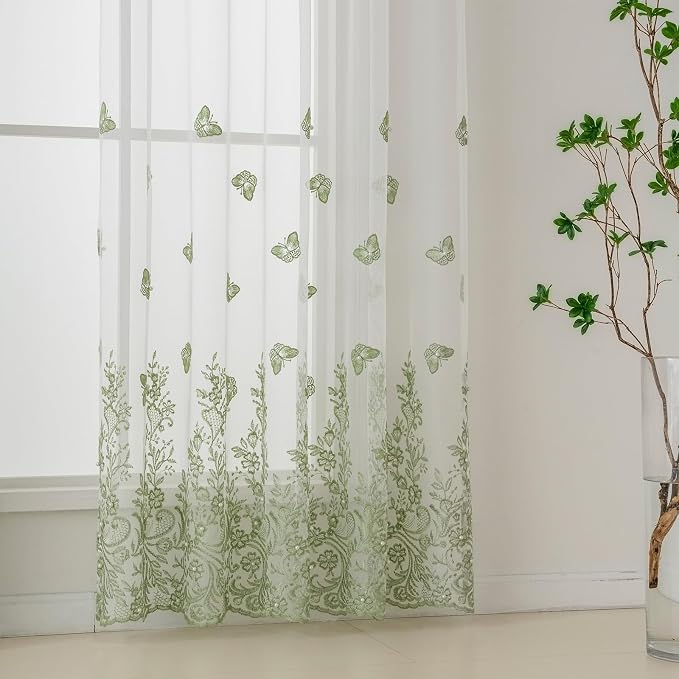 White Sheer Voile Curtains Green Embossed Butterflies 84 Inches | Light - Image 5