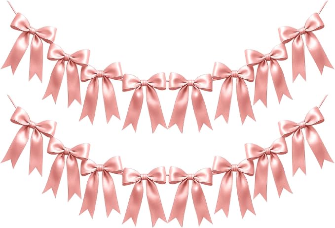 2 Strings of 16PCS Rose Gold Pink Bow Garlands Banner Decoration, Pre-Strung by Unknown