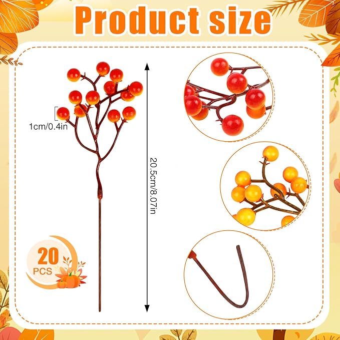 Fangoo 20 Pack 7 Inch Fall Artificial Orange Berry Stems Orange Berries Picks - Image 2