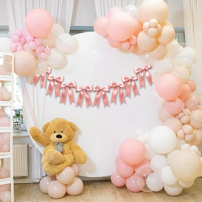 1 String of 8PCS Rose Pink Bow Garland Banner Decoration, Pre-Strung Satin - Image 5