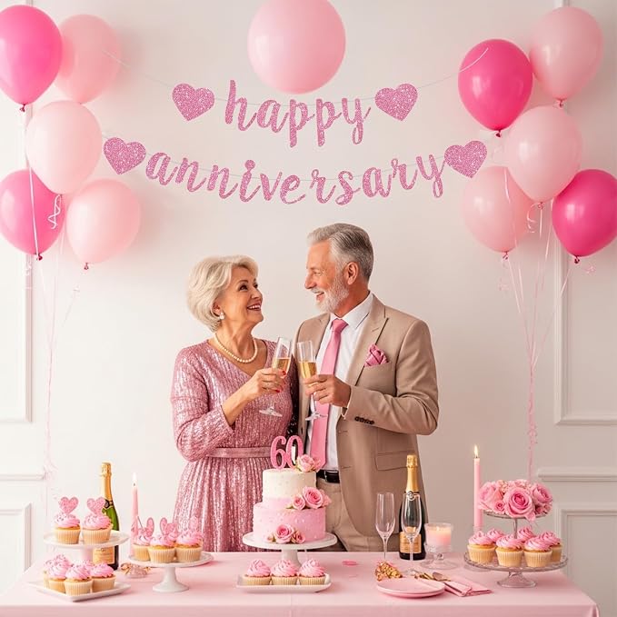 BEISHIDA Glitter Pre-Strung Pink Happy Anniversary Banner Decoration | NO DIY - Image 4