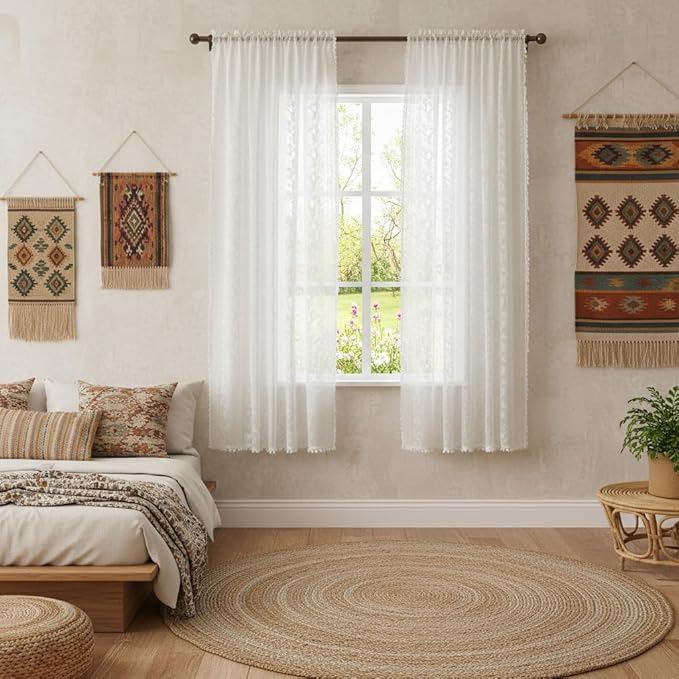 WAZZIO Boho Lace Curtains 2 Panels 45 Inches -Cute Vintage Victorian Sheer - Image 2