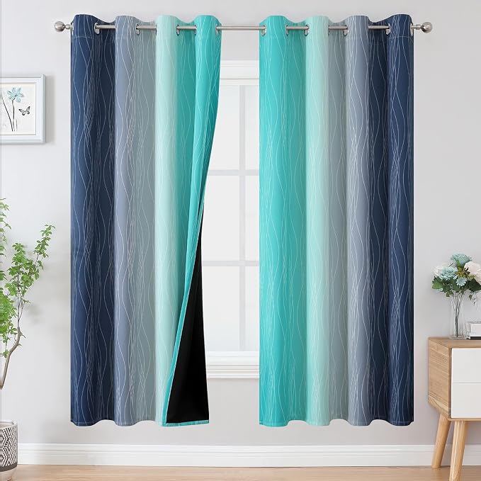 Navy Blue and Teal Blackout Curtains 72 Inch Length 2 Panels Set, Full Room by ESTELARTEXTILER