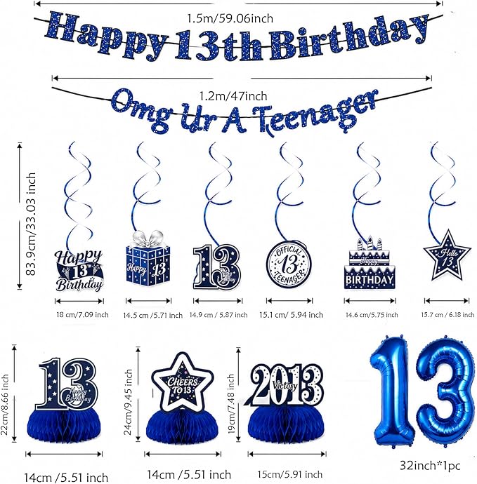 13th Birthday Decorations For Boys, Pre-Strung Navy Blue Happy 13th Birthday & - Image 4