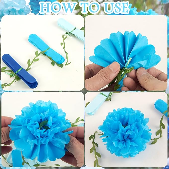 Gradient Blue Tissue Paper Pom Pom Garlands, Paper Flowers - Image 3