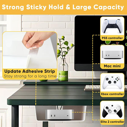 2 Pack Under Desk Hanging Shelf Drawer Organizer, Attachable Plastic Hidden Storage Tray, Easy Adhesive Mount Holder for Standing Tables, Office, Counters, Cabinets, Workstations - White