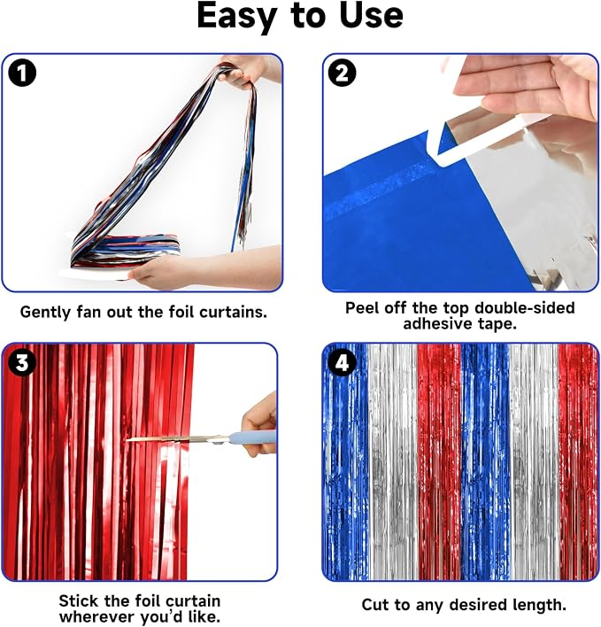 jijAcraft Red White Blue Tinsel Foil Fringe Curtain, 2 Pack 3.2x6.5 Feet - Image 3