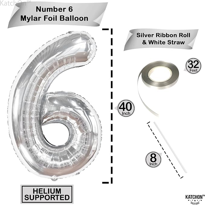 KatchOn Silver Number 6 Balloon 40 Inch | 6th Birthday Balloons, 6th Birthday - Image 2