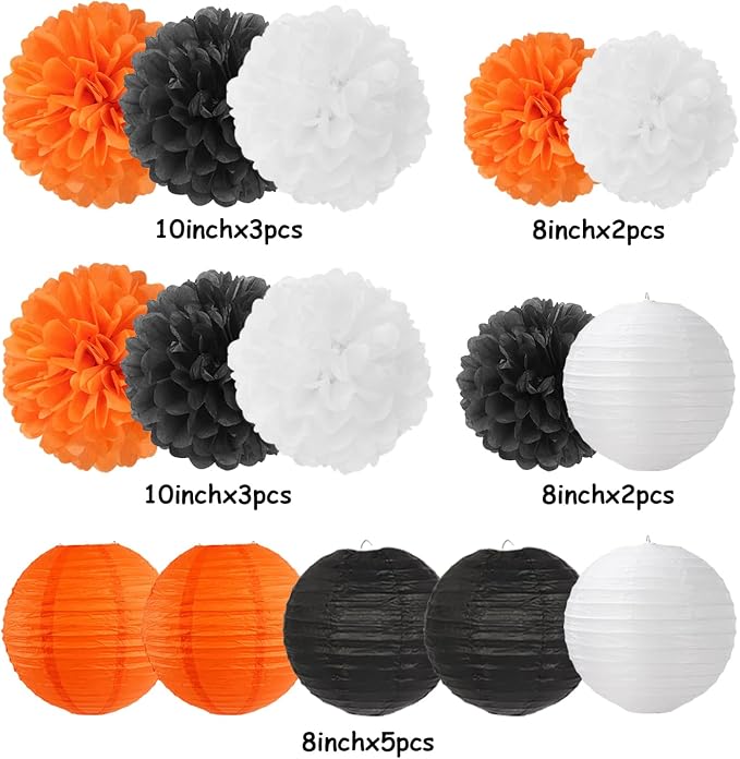 Orange-Black White Party-Decorations Paper-Flowers Lanterns - Image 6