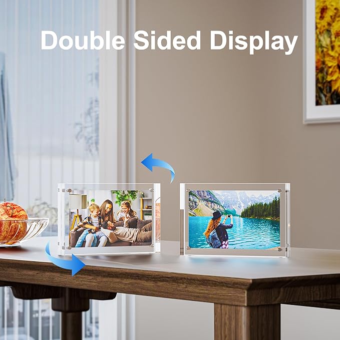 3 Pack 2x6 Acrylic Picture Frames - 20% Thicker Double Sided Magnetic Frame with UV Protection - Freestanding Clear Frameless Display for Tabletops - Modern Photo Frame Set for Home & Office Decor