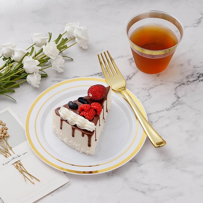 300PCS Gold Plastic Plate Set (50 Guests), Plastic Plates for Party Wedding Birthday, Disposable Dinnerware Set of 100 Plates, 100 Forks, 50 Spoons, 50 Knives for Christmas, Thanksgiving