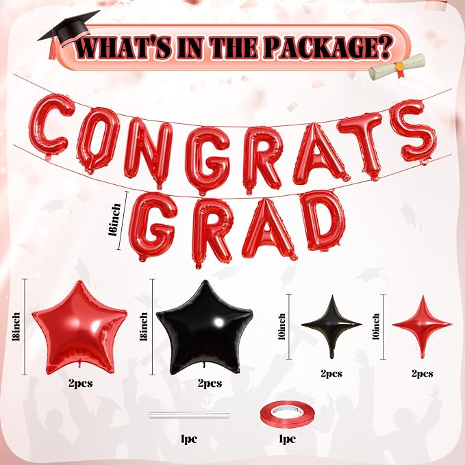 Congrats Grad Balloons, 16 Inch Red Black Congrats Grad Letters Banner Balloons - Image 2
