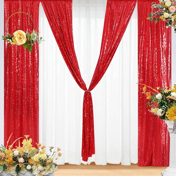 Eternal Beauty Red Sequin Backdrop Curtains, 2 Panels 2x8FT | 3mm Sparkle - Image 8