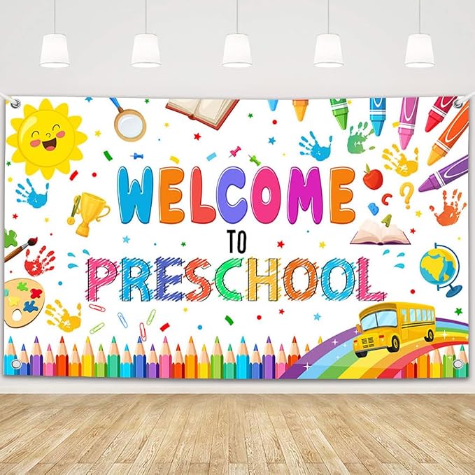 MEHOFOND Welcome to Preschool Banner Colorful Back to School Kids Classroom by MEHOFOND