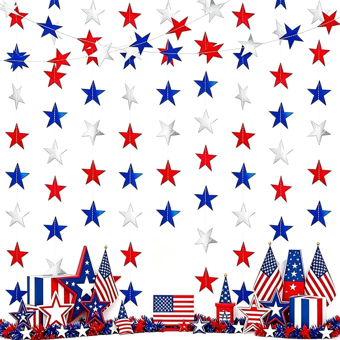 6 Pack Patriotic Star Garland Each 13Ft Star Paper Banner | Hanging Glitter by QIHANSProducts