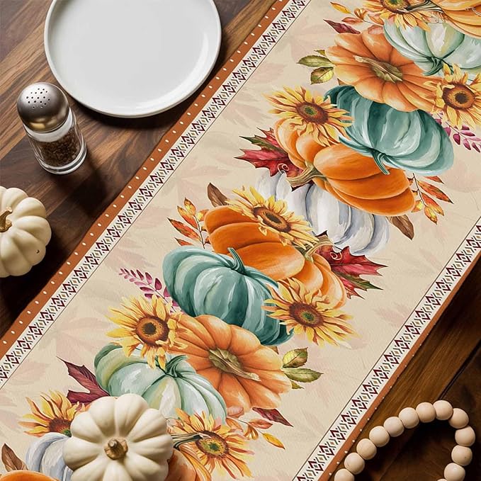 Fall Thanksgiving Southwest Cotton Linen Table Runner for Dining Kitchen, Orange Pumpkins Wedding Outdoor Party Rustic Tablerunners Decoration, Sunflower Dresser Scarf Tablecloth Runners 13x72 Inches