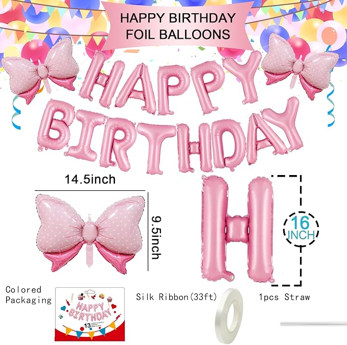 16 Inch Pink Happy Birthday Balloons Letters Banner & 2PCS Mini Bow Balloons - Image 2