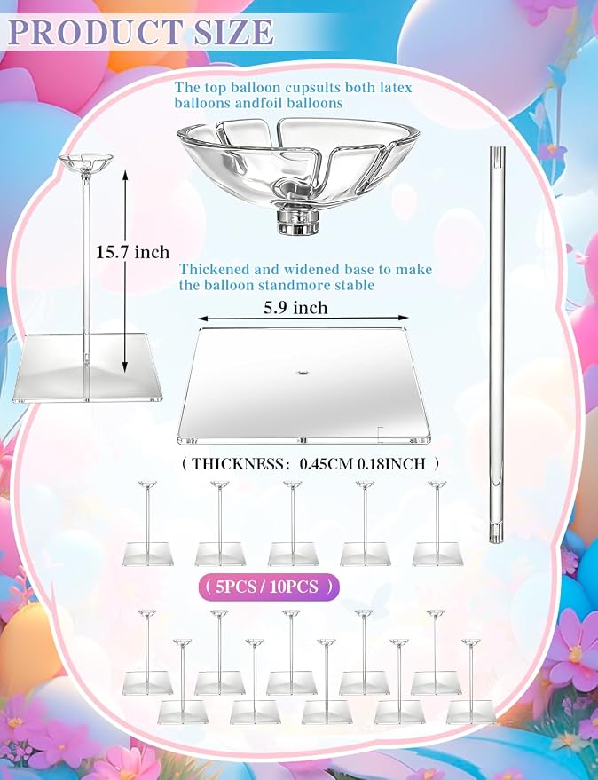 10 Pack Clear Acrylic Balloon Stand Kit, 15.75 Inch | Reusable Balloon Sticks - Image 2