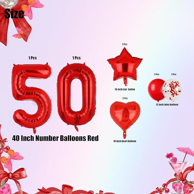 40 Inch 50 Red Number Balloons Mylar 50th Birthday Party Decor 10Pcs | Foil - Image 2