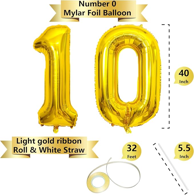 SINBEE Gold 10 Number Balloon, 40 Inch Mylar Foil Reusable Party Decoration - Image 2