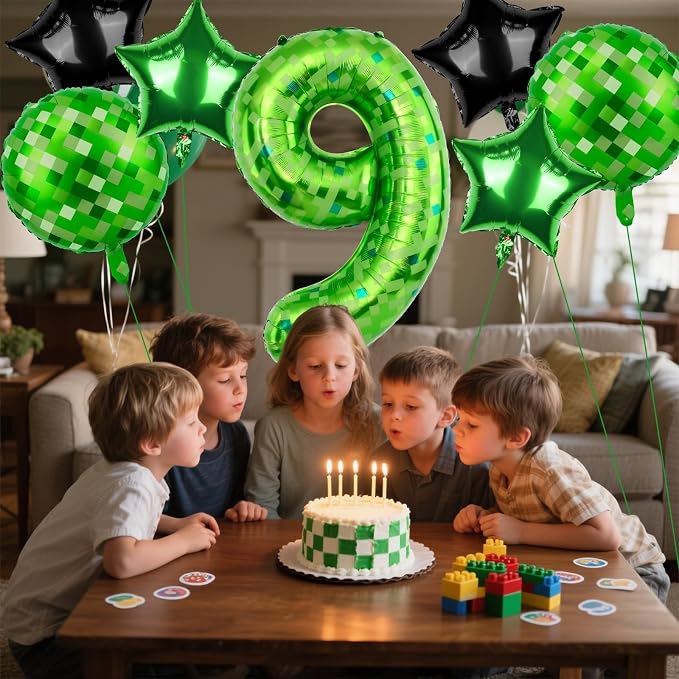 40 Inch Green Pixel Themed Number 9 Balloon Set Foil Balloon - Image 6