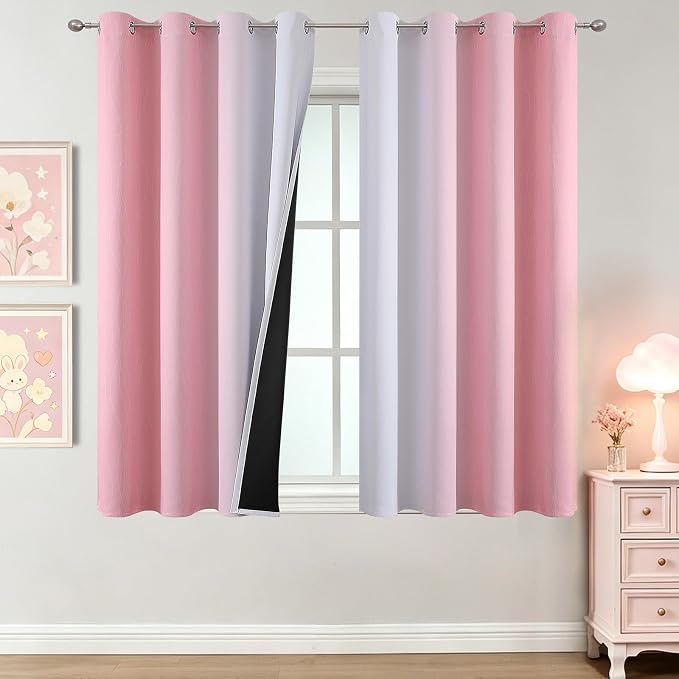 Pink and Greyish White Ombre Blackout Curtains 54 Inch Long by ESTELARTEXTILER