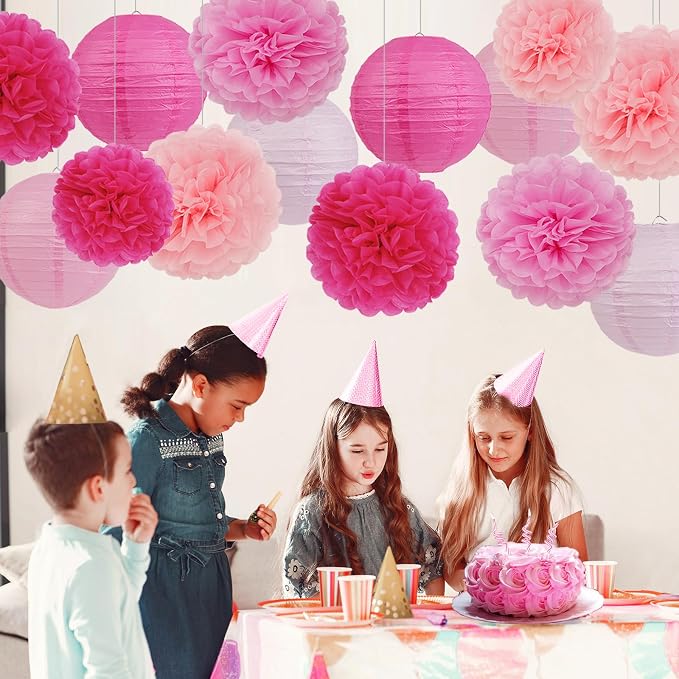 Pink Birthday Party Decorations Paper Lanterns and Pom Poms 15pcs Set | Baby - Image 2