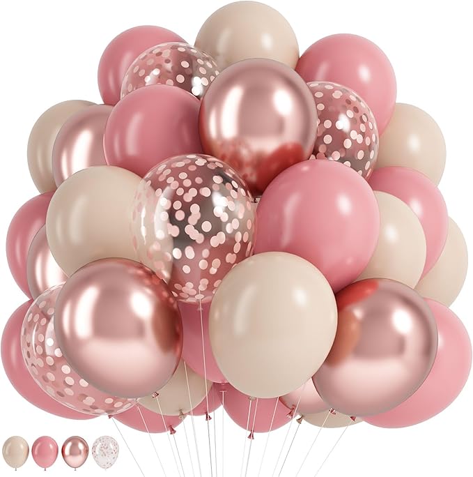 Jobkoo Dusty Blush Pink Balloons, Retro Pink Metallic Chrome Rose Gold Confetti by Jobkoo