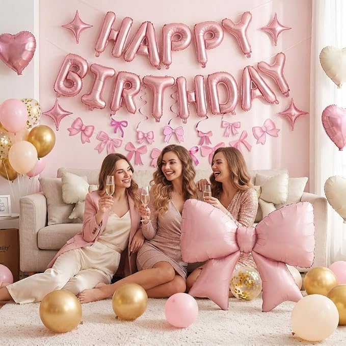 Pink Bow Birthday Decorations Set, Balloons Banner Hanging Swirls Backdrop | - Image 4