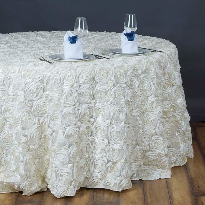 Efavormart 132" Wholesale Round Table Cover Ivory Grandiose Rosette 3D Satin Tablecloth for Wedding Party Event Decoration