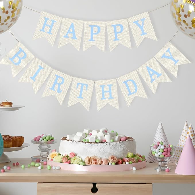 White Burlap Happy Birthday Banner Sign Birthday Garland Wall Door Hanging - Image 4