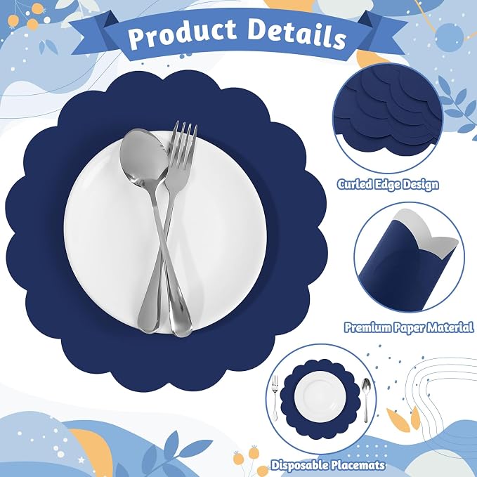 60 Pcs Navy Blue Paper Placemats, 13.5 Inch Disposable Scalloped Table Mats | - Image 3