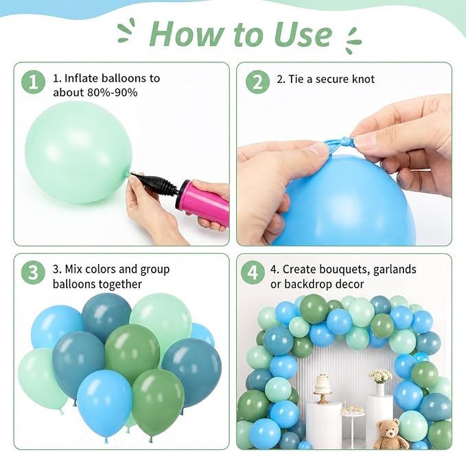Blue and Green Balloons, Slate Blue Balloon Arch Kit, Baby Blue Light Green - Image 4