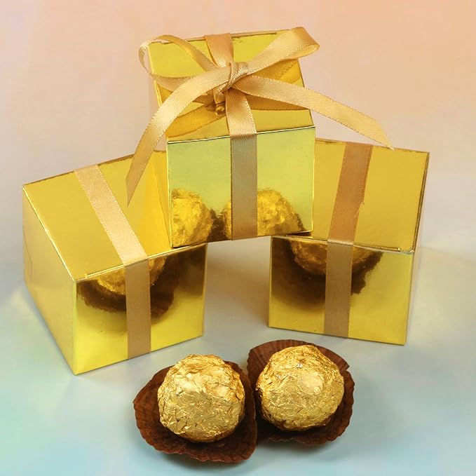 COTOPHER 60pcs Wedding Favor Boxes, Paper Gift Boxes 3x3x3 Inches Small Gift Boxes with Ribbons Small Boxes for Gifts, Crafting, Cupcake, Candy, Bridesmaid Proposal Boxes (Metallic Gold)