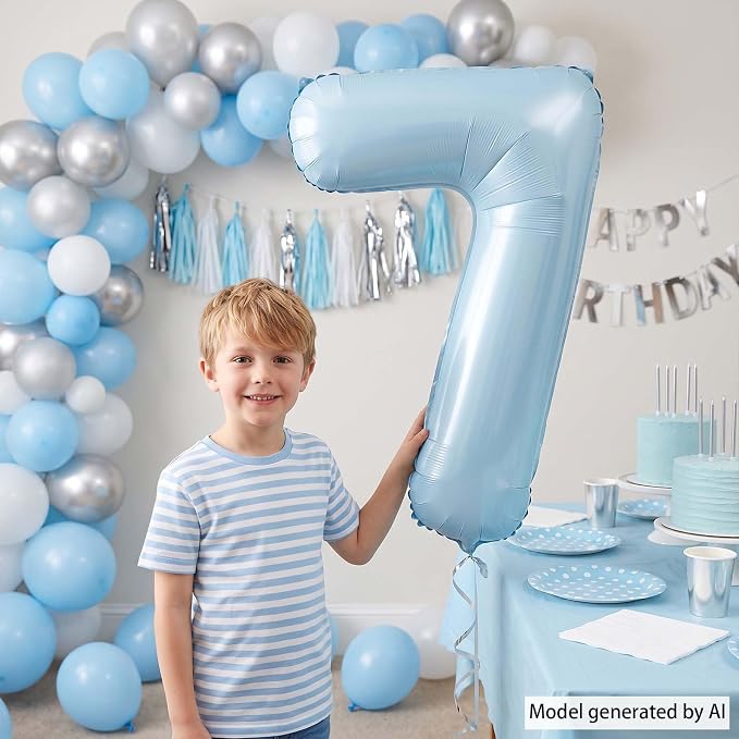 Baby Blue Number 7 Balloon 40 Inch, Foil Pastel Numeral Party Supplies | - Image 6