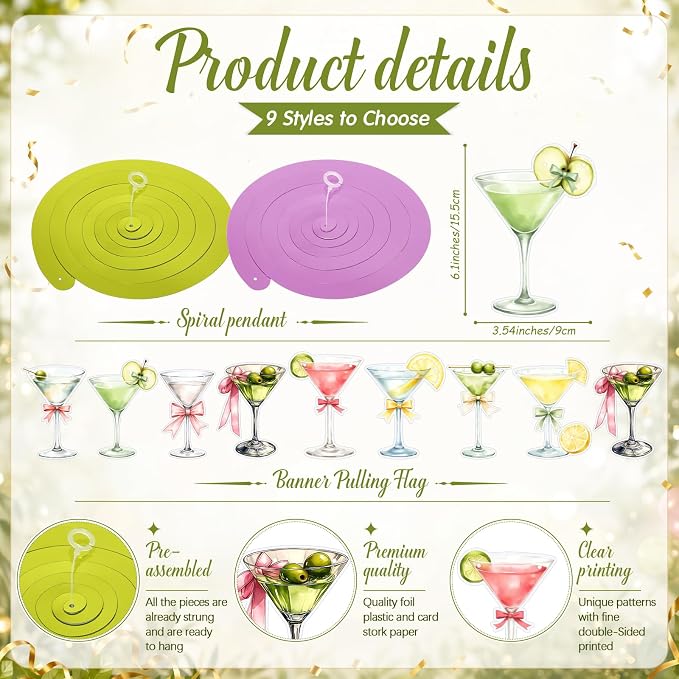 Gejoy 62 Pcs Martini Birthday Decoration Olive Martini Hanigng Swirl Decor - Image 3