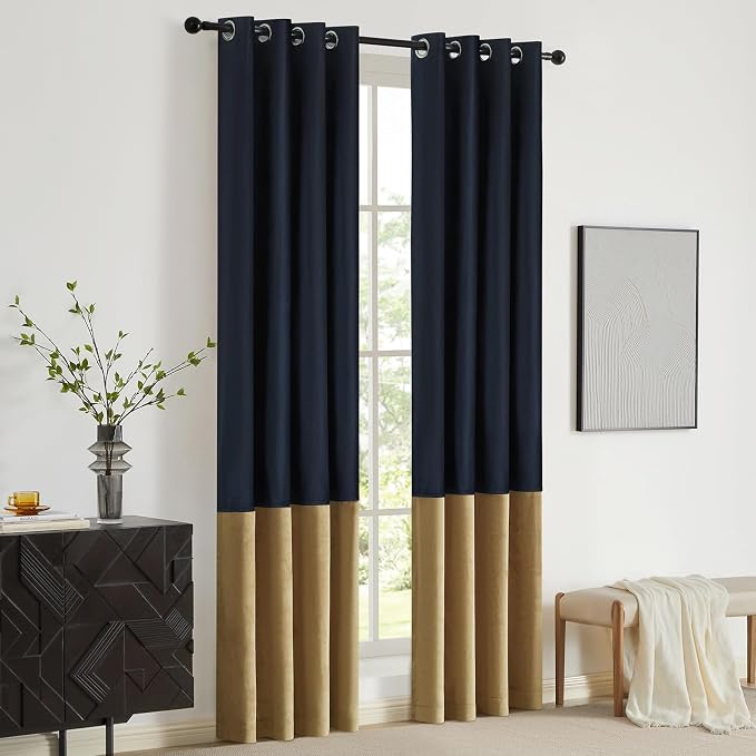 Blue Gold Velvet Blackout Curtains Luxury Decor 72 inches, Color Block | Living - Image 6