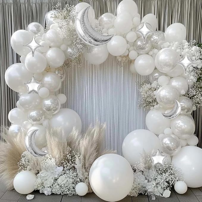 White Balloons Arch Double Stuffed Pearl White Star Moon Balloon Garland by Captank