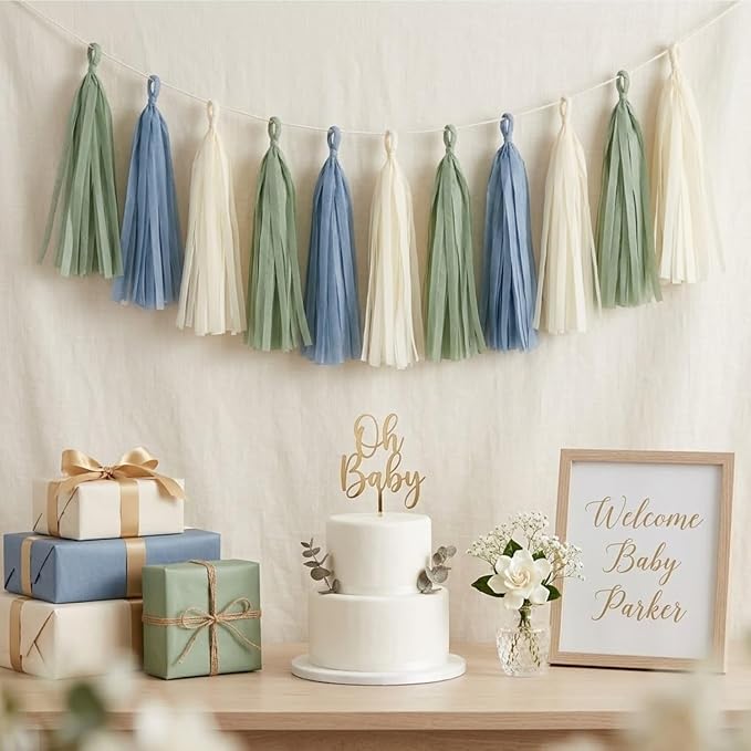 15PCS Dusty Blue Sage Green Ivory Party Tissue Tassel Garland Decorations - Image 4