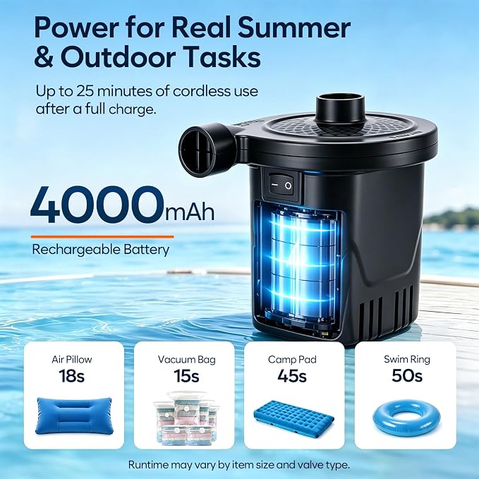 AGPTEK Rechargeable Air Pump, 4000mAh Quick-Fill Inflator Deflator, 3 Nozzles | - Image 3