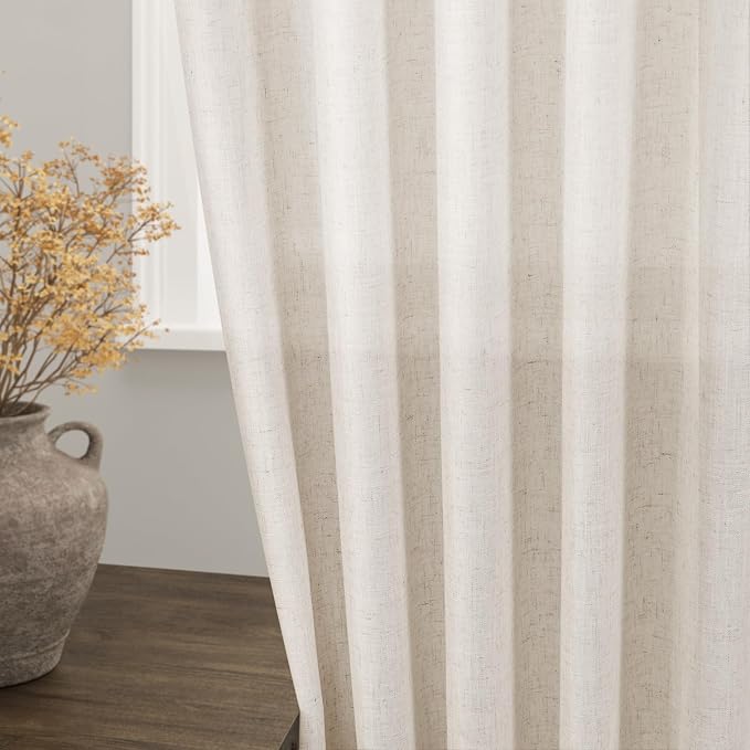 Extra Long Curtain 108 inches Long 2 Panels Set Back Tab Beige Linen Drapes - Image 2