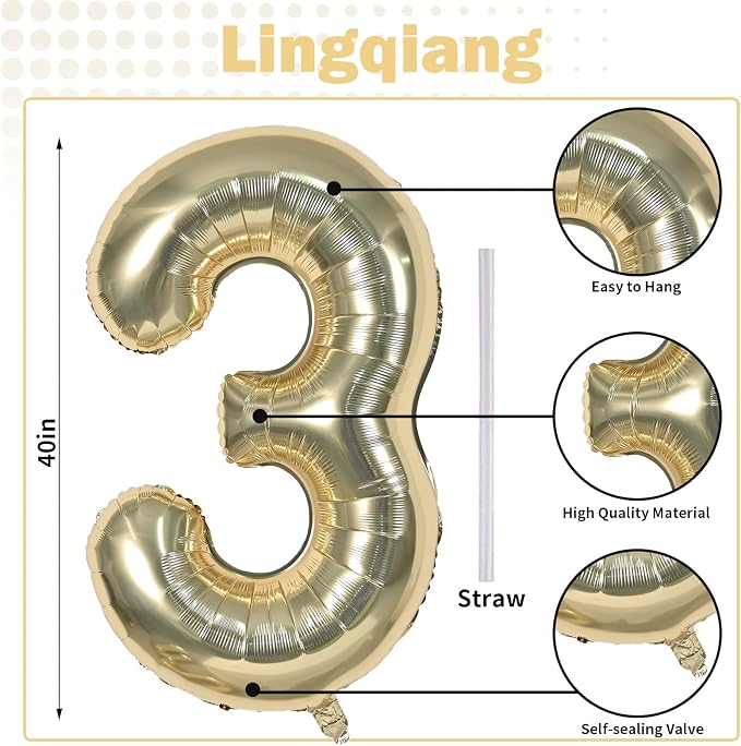 Champagne Gold Number 30 Balloons, 40 Inch Light Gold Foil Number 3 & 0 Balloons - Image 2