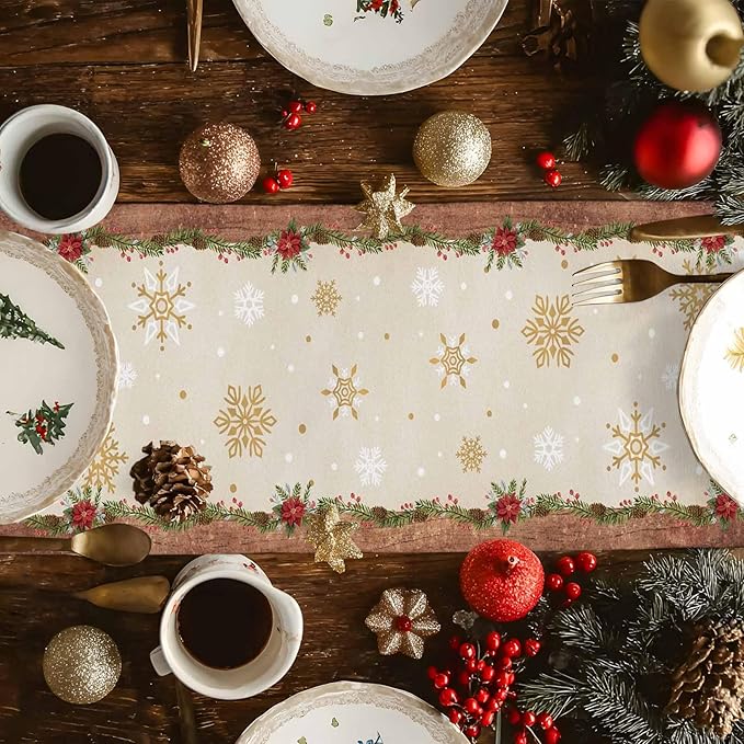 Christmas Gnomes Cotton Linen Table Runner for Dining Kitchen, Xmas Pine Tree Snowflake Rustic Wedding Outdoor Party Tablerunners Decoration, Retro Wood Dresser Scarf Tablecloth Runners 13x60 Inches