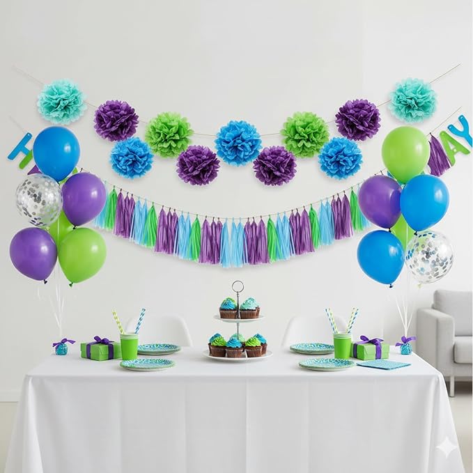 Blue Purple and Green Tassel Garland Banner, 30 Pack Paper Tassels Streamers - Image 2