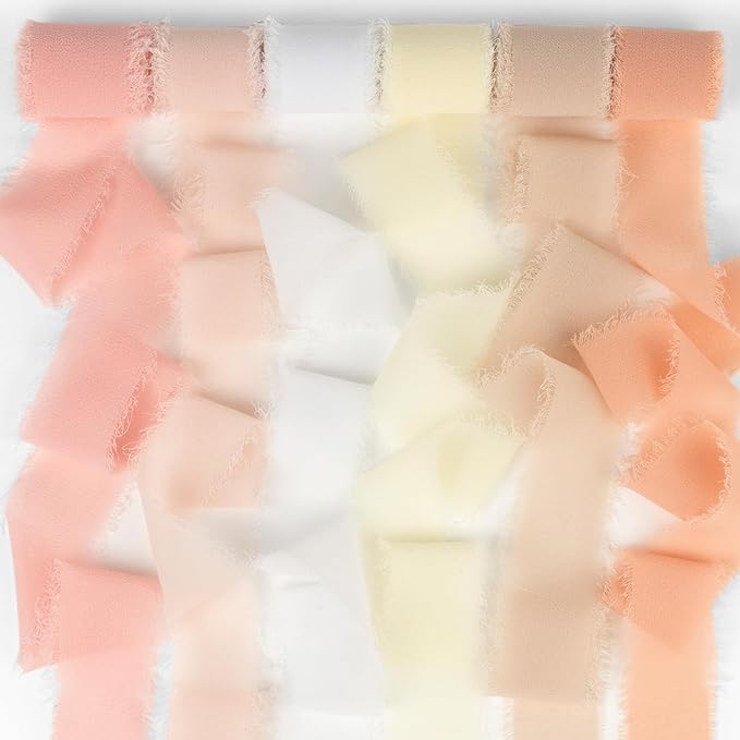 Handmade Fringe Chiffon Silk Ribbon 1 Inch x 3Yd Peach/Blush/Pink Soft Colorful by MLURCU