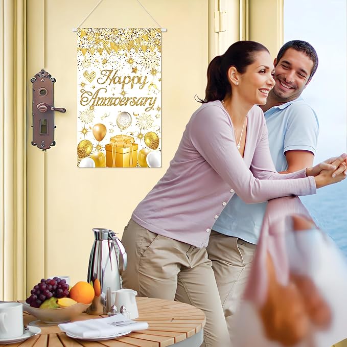 Anniversary Party Decorations White Gold Happy Anniversary Door Banner Sign - Image 5