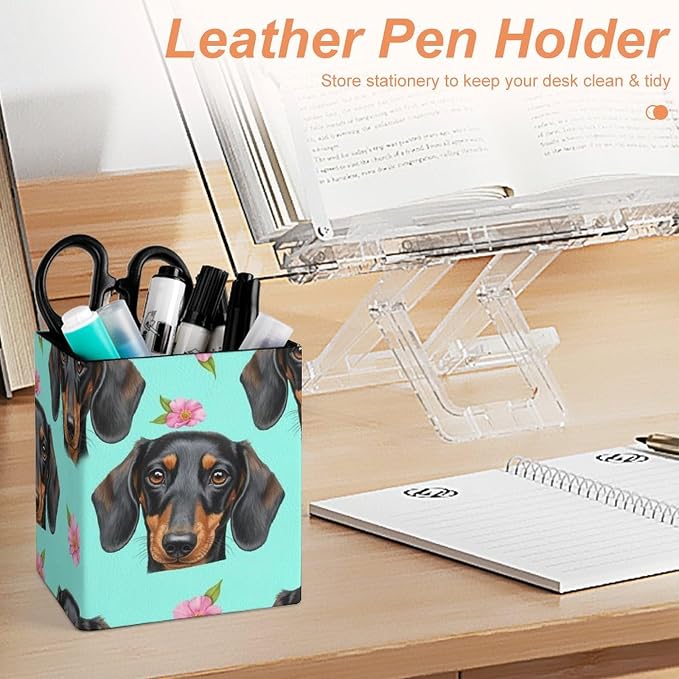 Pencil Holder for Desk, Pu Leather Desktop Container Pen Cup Storage Dachshund - Image 4