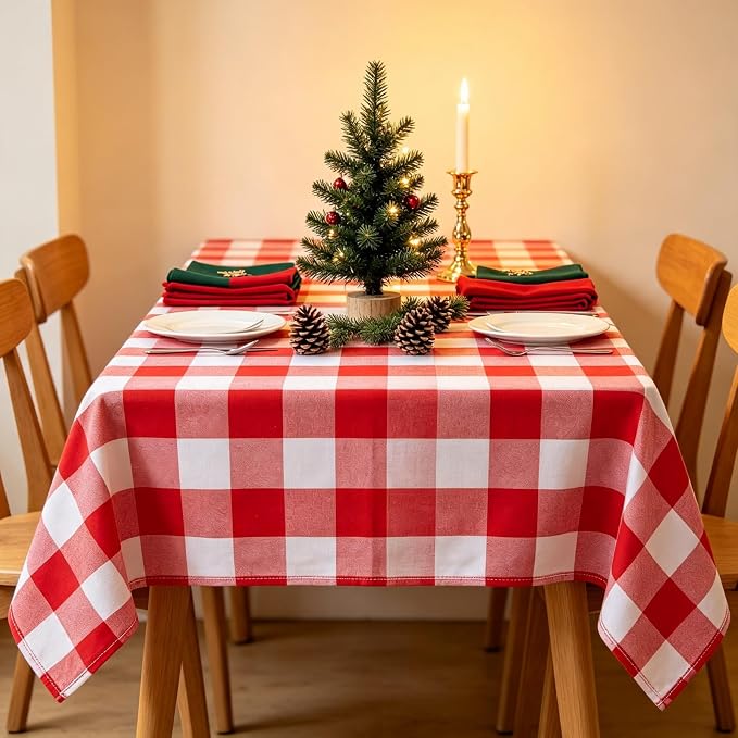 ShinyBeauty Gingham Square Tablecloth 54x54 Red and White Cotton Plaid | - Image 2