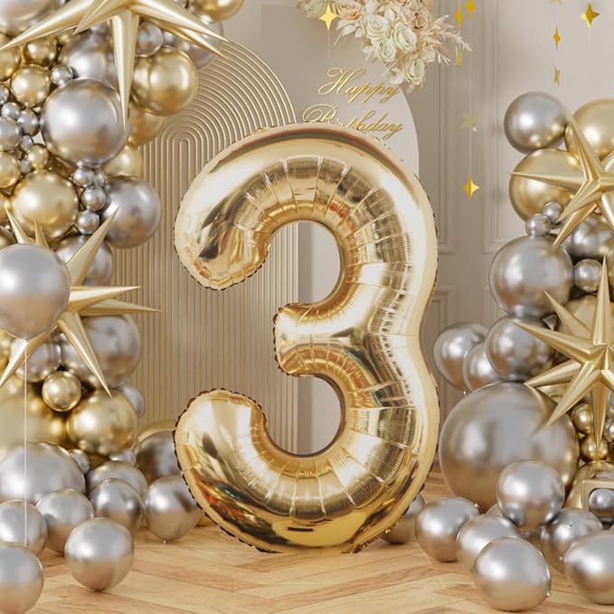 AULE 40 Inch Light Gold 3 Balloon Number Foil 0-9 Birthday Big Numbers | - Image 3